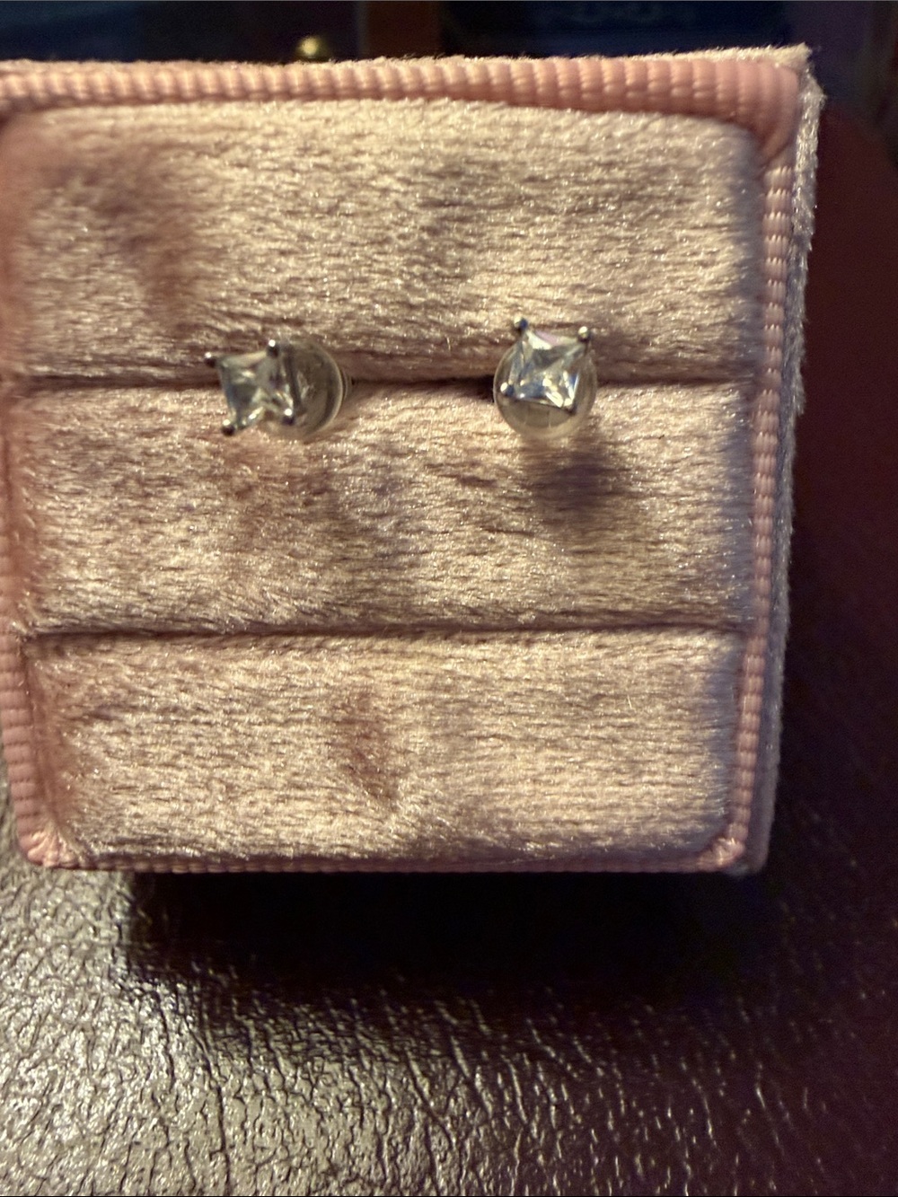 Sterling Silver princess cut CZ Stud silver Earrings in Light Pink Velvet Box